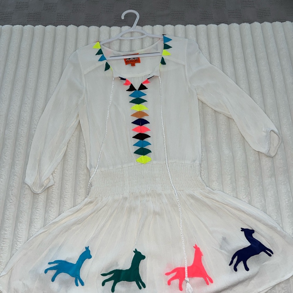 White Long Sleeve Pia Pauro, India Dress with Colorful Embroidered Accents SizeM